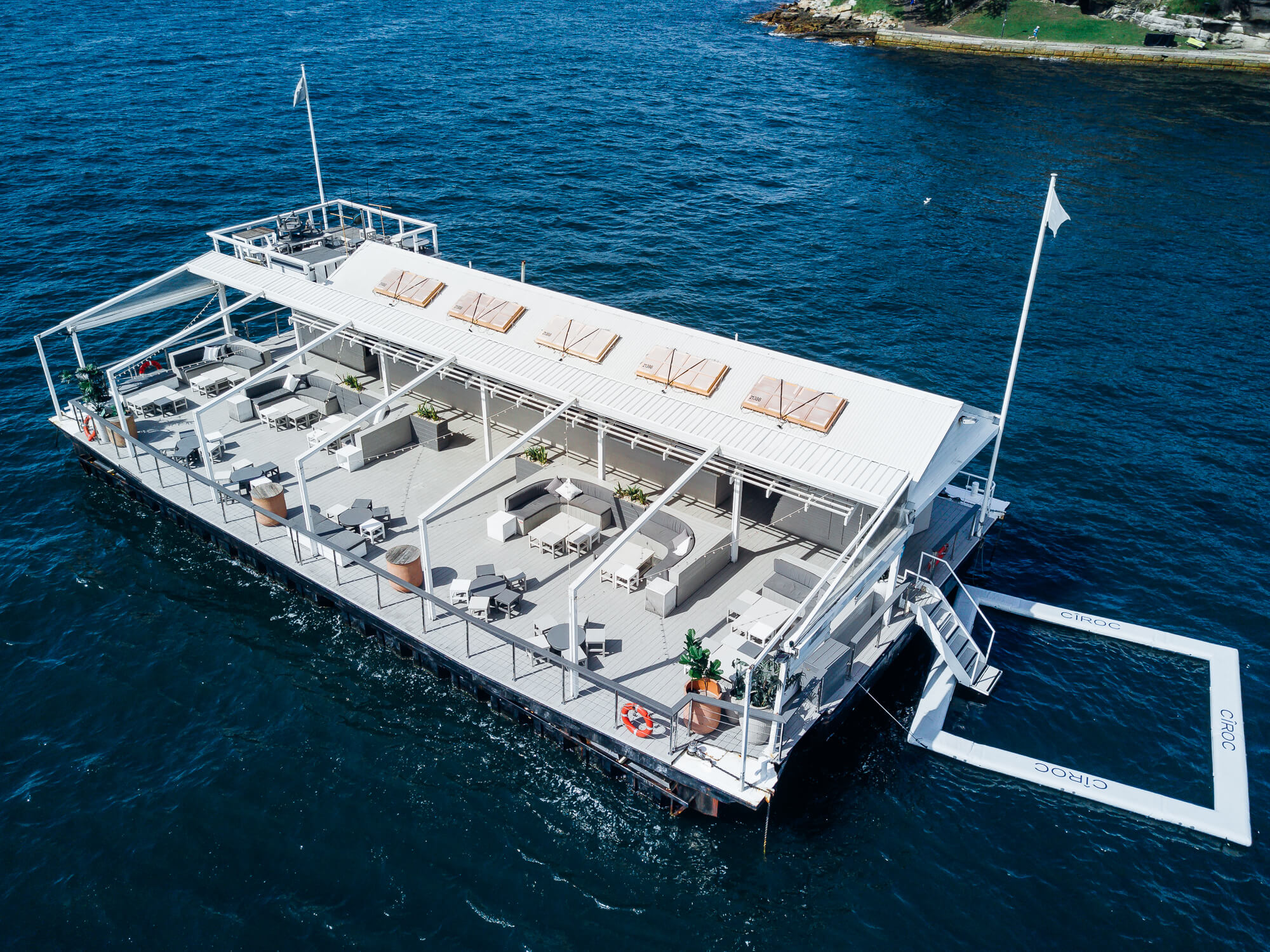 Aerial view of The Island floating venue on Sydney Harbour