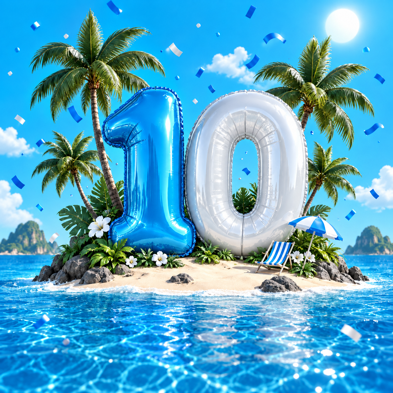 Concept illustration of giant blue and white 10 balloons on an island